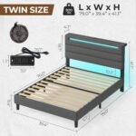 Rolanstar Twin Size Bed Frame, Storage Headboard with Charging Station and LED Lights, Upholstered Bed with Heavy Duty Wood Slats, No Box Spring Needed, Noise Free, Easy Assembly, Grey - Image 3