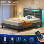 Rolanstar Twin Size Bed Frame, Storage Headboard with Charging Station and LED Lights, Upholstered Bed with Heavy Duty Wood Slats, No Box Spring Needed, Noise Free, Easy Assembly, Grey - Image 4
