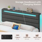 Rolanstar Twin Size Bed Frame, Storage Headboard with Charging Station and LED Lights, Upholstered Bed with Heavy Duty Wood Slats, No Box Spring Needed, Noise Free, Easy Assembly, Grey - Image 5