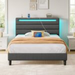 Rolanstar Twin Size Bed Frame, Storage Headboard with Charging Station and LED Lights, Upholstered Bed with Heavy Duty Wood Slats, No Box Spring Needed, Noise Free, Easy Assembly, Grey - Image 9