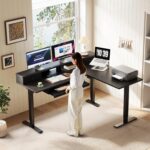 OffiGo 59 Inch L Shaped Electric Standing Desk with Drawers, Height Adjustable Corner Computer Desk with Keyboard Tray & Monitor Stand, Stand Up Table for Home Office Workstation, Black - Image 3