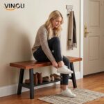 VINGLI 40in Storage Bench, Solid Wood Seat with Metal Storage Shelf, Weather Resistant High Capacity Indoor Outdoor Dining Benches, Sturdy Shoe Rack Bench for Entryway Mudroom Porch - Image 8