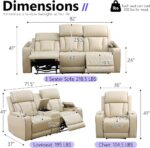 Power Recliner Sofa Set, Living Room Furniture Sets, Leather Reclining Sofa Set, Recliner Couch Loveseat and Chair with Coffee Table/Cup Holders/Charging Port for Home Theater Seat, Khaki - Image 3