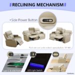 Power Recliner Sofa Set, Living Room Furniture Sets, Leather Reclining Sofa Set, Recliner Couch Loveseat and Chair with Coffee Table/Cup Holders/Charging Port for Home Theater Seat, Khaki - Image 5