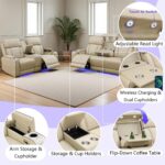 Power Recliner Sofa Set, Living Room Furniture Sets, Leather Reclining Sofa Set, Recliner Couch Loveseat and Chair with Coffee Table/Cup Holders/Charging Port for Home Theater Seat, Khaki - Image 6