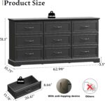 Farmhouse 9 Drawers Dresser for Bedroom, 63" Wide Modern Chest of Drawers with Deep Drawers & Bar Handles, Rustic Wood Dresser TV Stand, Wooden Closet Storage Organizer for Living Room, Hallway, Black - Image 3