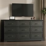 Farmhouse 9 Drawers Dresser for Bedroom, 63" Wide Modern Chest of Drawers with Deep Drawers & Bar Handles, Rustic Wood Dresser TV Stand, Wooden Closet Storage Organizer for Living Room, Hallway, Black - Image 7