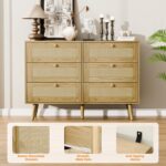 6 Drawer Double Dresser for Bedroom, Natural Rattan Modern Chest with Drawers, Chest of Drawers with Wooden Handles for Bedroom,Living Room,Hallway, Oak - Image 5