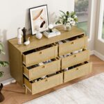 6 Drawer Double Dresser for Bedroom, Natural Rattan Modern Chest with Drawers, Chest of Drawers with Wooden Handles for Bedroom,Living Room,Hallway, Oak - Image 7