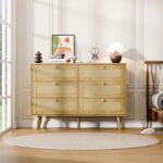 6 Drawer Double Dresser for Bedroom, Natural Rattan Modern Chest with Drawers, Chest of Drawers with Wooden Handles for Bedroom,Living Room,Hallway, Oak - Image 8