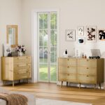 6 Drawer Double Dresser for Bedroom, Natural Rattan Modern Chest with Drawers, Chest of Drawers with Wooden Handles for Bedroom,Living Room,Hallway, Oak - Image 9