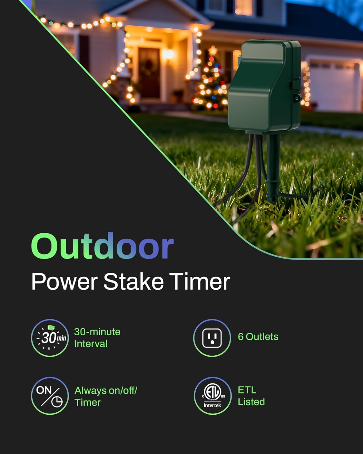 BN-LINK Outdoor Power Stake Timer Waterproof, 24-Hour Mechanical Timer with 6 Grounded Outlets, 6FT Extension Cord for Halloween/Christmas Decor Lights, ETL Listed - Image 3