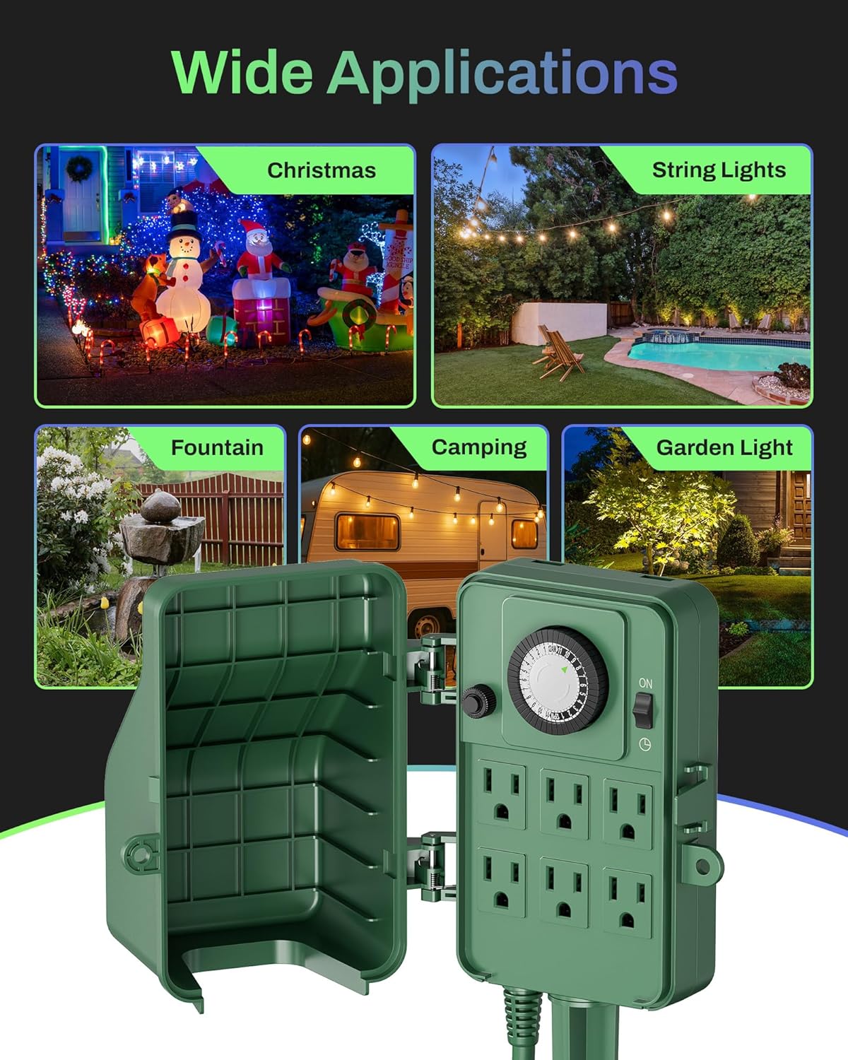 BN-LINK Outdoor Power Stake Timer Waterproof, 24-Hour Mechanical Timer with 6 Grounded Outlets, 6FT Extension Cord for Halloween/Christmas Decor Lights, ETL Listed - Image 10