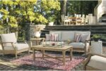 Signature Design by Ashley Clare View Outdoor Patio Sofa, 4 Throw Pillows, Nuvella Weather Resistant Fabric, Eucalyptus Wood, 81" W x 35" D x 32" H, Beige - Image 5