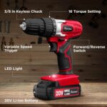 AVID POWER 20V Cordless Drill Set for Home DIY & Beginner Projects - Lightweight Power Drill with Battery Charger & 22 Bits, Variable Speed, 3/8" Keyless Chuck, Ideal for Furniture Assembly (Red) - Image 5