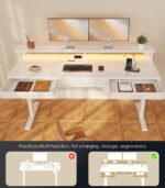 OffiGo Electric Standing Desk with Drawers, 63 Inch Height Adjustable Desk with Power Outlets & LED Lights, Sit Stand Table with Monitor Stand for Home, Office, Workstation, White - Image 6