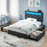 Rolanstar Twin Bed Frame with 4 Storage Drawers and Charging Station,Twin Bed with Led Lights, 2 USB & 1 Type C, Adjustable Headboard 38.9/40.8 Inches, No Box Spring Needed, Black - Image 3