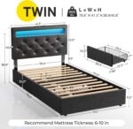 Rolanstar Twin Bed Frame with 4 Storage Drawers and Charging Station,Twin Bed with Led Lights, 2 USB & 1 Type C, Adjustable Headboard 38.9/40.8 Inches, No Box Spring Needed, Black - Image 4