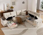 Vipbear 7 Seat Modular Sectional Sleeper Sofa with Pull Out Bed, L-Shaped Couch with Reclining Backrest, Lift Top Storage Chaise, USB LED Light, Tool-Free Assembly, Chenille Beige - Image 3