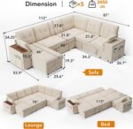 Vipbear 7 Seat Modular Sectional Sleeper Sofa with Pull Out Bed, L-Shaped Couch with Reclining Backrest, Lift Top Storage Chaise, USB LED Light, Tool-Free Assembly, Chenille Beige - Image 4