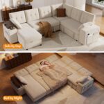 Vipbear 7 Seat Modular Sectional Sleeper Sofa with Pull Out Bed, L-Shaped Couch with Reclining Backrest, Lift Top Storage Chaise, USB LED Light, Tool-Free Assembly, Chenille Beige - Image 9