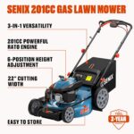 SENIX 22 Inch Gas Lawn Mower, 201cc 4-Cycle OHV Engine, Variable Speed Rear Wheel Self-Propelled Mower, 3-in-1 Mower with Bagging, Mulching & Side Discharge, 6-Positions Adjustable Cutting Height - Image 5