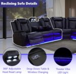 Black Power Recliner Sectional Sofa Set with LED, Breathing Leather Reclining Corner Couch & Chair, L-Shaped Home Theater Seating with Cup Holders/Storage for Living Room (Sectional+Chair) - Image 4