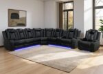 Black Power Recliner Sectional Sofa Set with LED, Breathing Leather Reclining Corner Couch & Chair, L-Shaped Home Theater Seating with Cup Holders/Storage for Living Room (Sectional+Chair) - Image 9