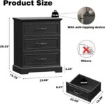 Farmhouse 3 Drawers Dresser for Bedroom, 24" Wide Modern Chest of Drawers with Deep Drawers & Bar Handles, Rustic Wood Nightstand, Wooden Closet Storage Organizer for Living Room, Hallway, Black - Image 3