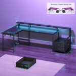 Korfile 66'' L Shaped Gaming Desk with Drawers and Storage Shelves, Reversible Corner Desk with Power Outlets and Host Stand, Large Computer Desk with Led Lights for Gaming, Work, Home Office, Black - Image 3