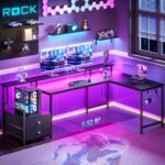 Korfile 66'' L Shaped Gaming Desk with Drawers and Storage Shelves, Reversible Corner Desk with Power Outlets and Host Stand, Large Computer Desk with Led Lights for Gaming, Work, Home Office, Black - Image 8
