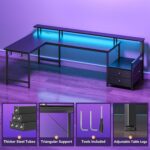 Korfile 66'' L Shaped Gaming Desk with Drawers and Storage Shelves, Reversible Corner Desk with Power Outlets and Host Stand, Large Computer Desk with Led Lights for Gaming, Work, Home Office, Black - Image 9