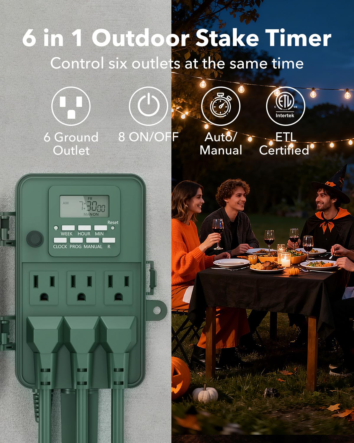 BN-LINK Outdoor Power Stake, 7-Day Programmable Digital Timer, 6 Outlets, 6FT Extension Cord, Waterproof Perfect for Christmas, Halloween, Garden Decorations, ETL Listed - Image 4