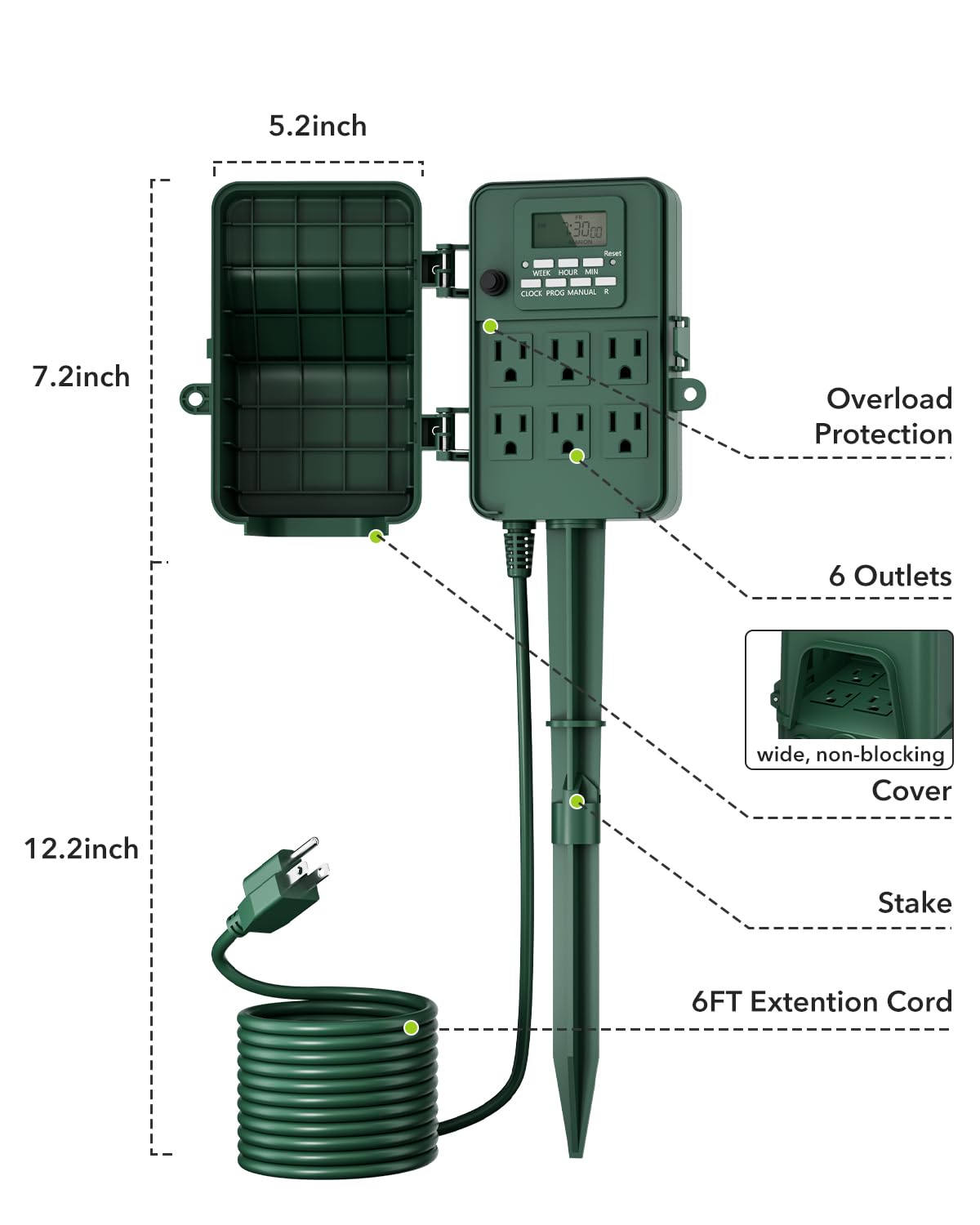 BN-LINK Outdoor Power Stake, 7-Day Programmable Digital Timer, 6 Outlets, 6FT Extension Cord, Waterproof Perfect for Christmas, Halloween, Garden Decorations, ETL Listed - Image 6