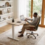 TIQLAB Electric Height Adjustable Standing Desk 47.2×23.6 inch, Sit Stand Desk for Work, Study, Memory Controller, White Frame & Maple Top Computer Workstation for Home Office - Image 3