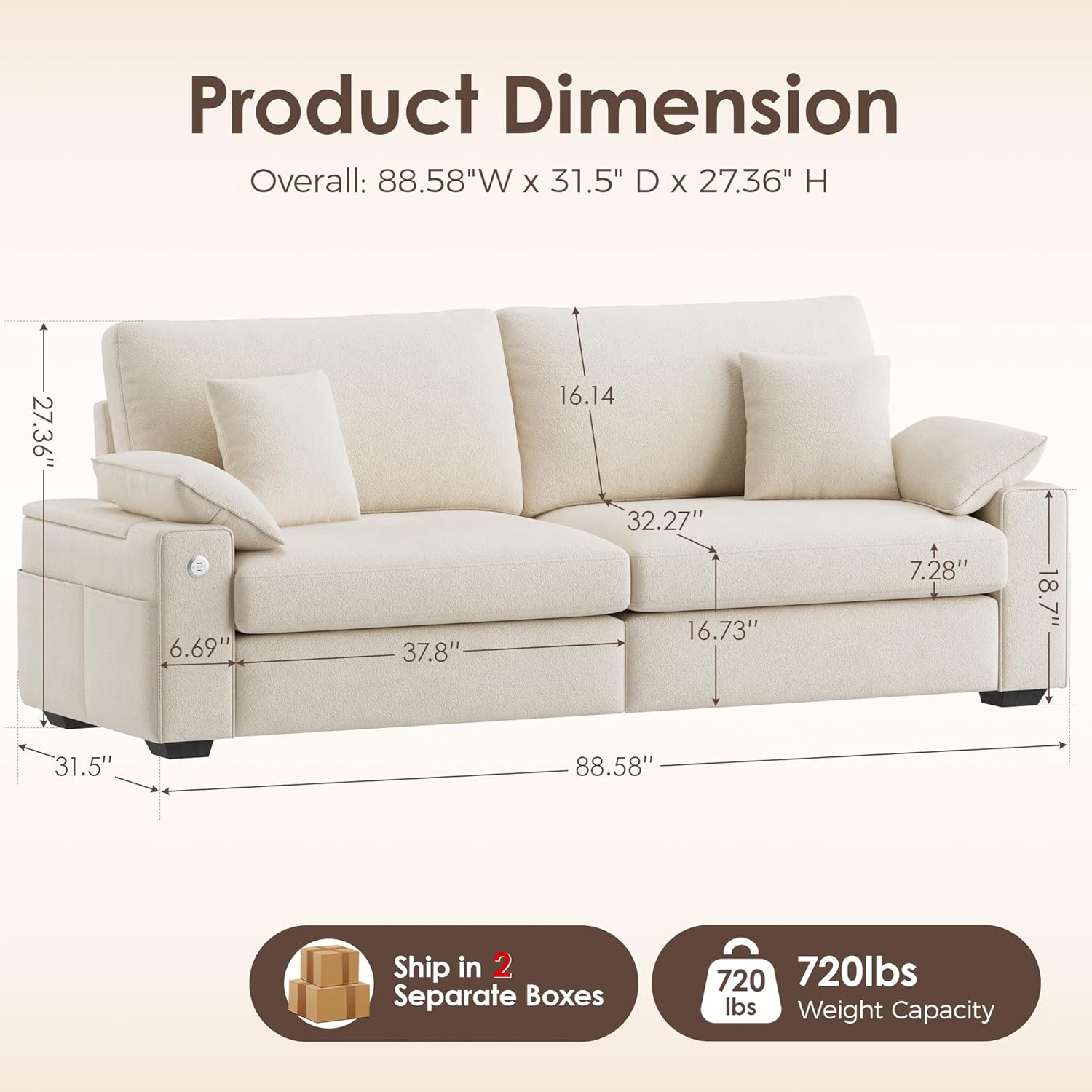 88.58" Modern Loveseat Couches for Living Room, Comfy Sofa with Deep Seat Couch, USB/Type-C Port, Side Storage, Removable Cover, Couches for Living Room Apartment, Beige - Image 3