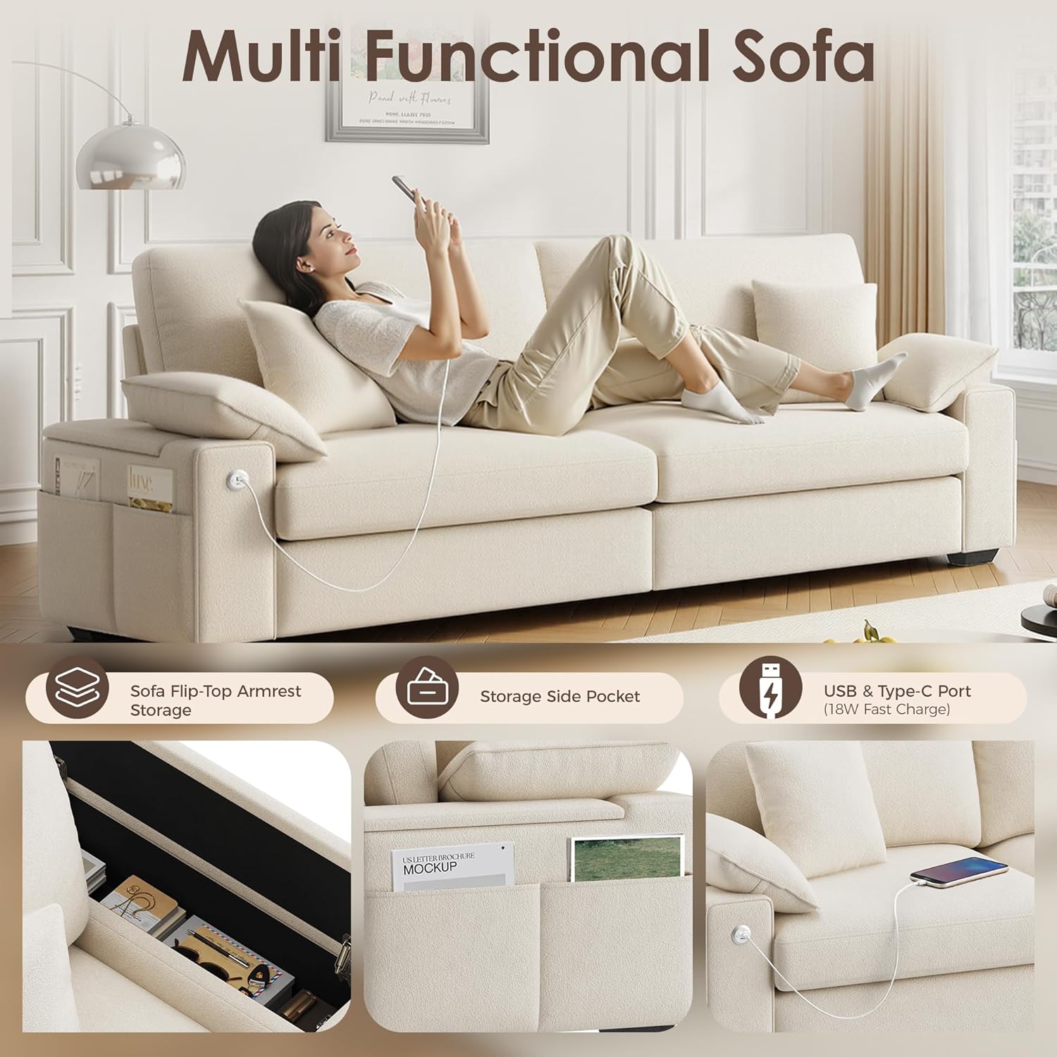 88.58" Modern Loveseat Couches for Living Room, Comfy Sofa with Deep Seat Couch, USB/Type-C Port, Side Storage, Removable Cover, Couches for Living Room Apartment, Beige - Image 5