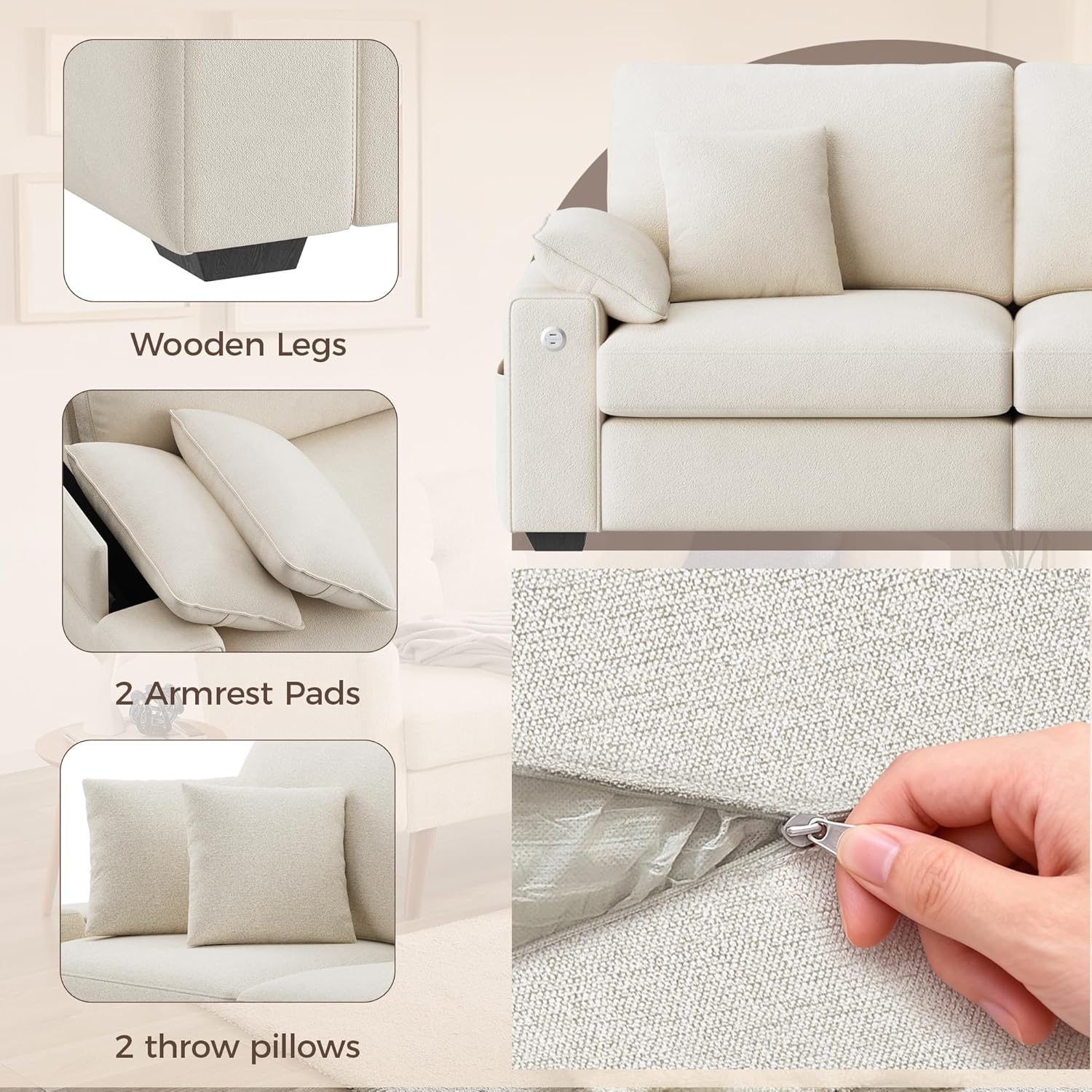 88.58" Modern Loveseat Couches for Living Room, Comfy Sofa with Deep Seat Couch, USB/Type-C Port, Side Storage, Removable Cover, Couches for Living Room Apartment, Beige - Image 6