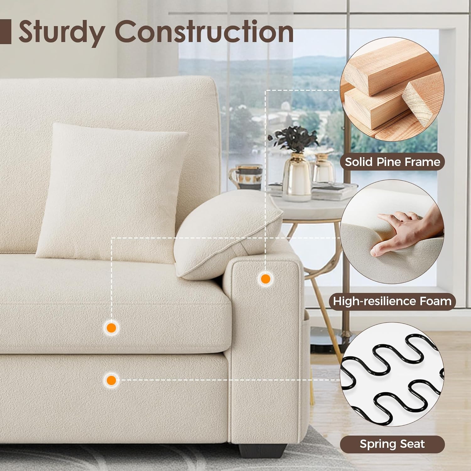 88.58" Modern Loveseat Couches for Living Room, Comfy Sofa with Deep Seat Couch, USB/Type-C Port, Side Storage, Removable Cover, Couches for Living Room Apartment, Beige - Image 7