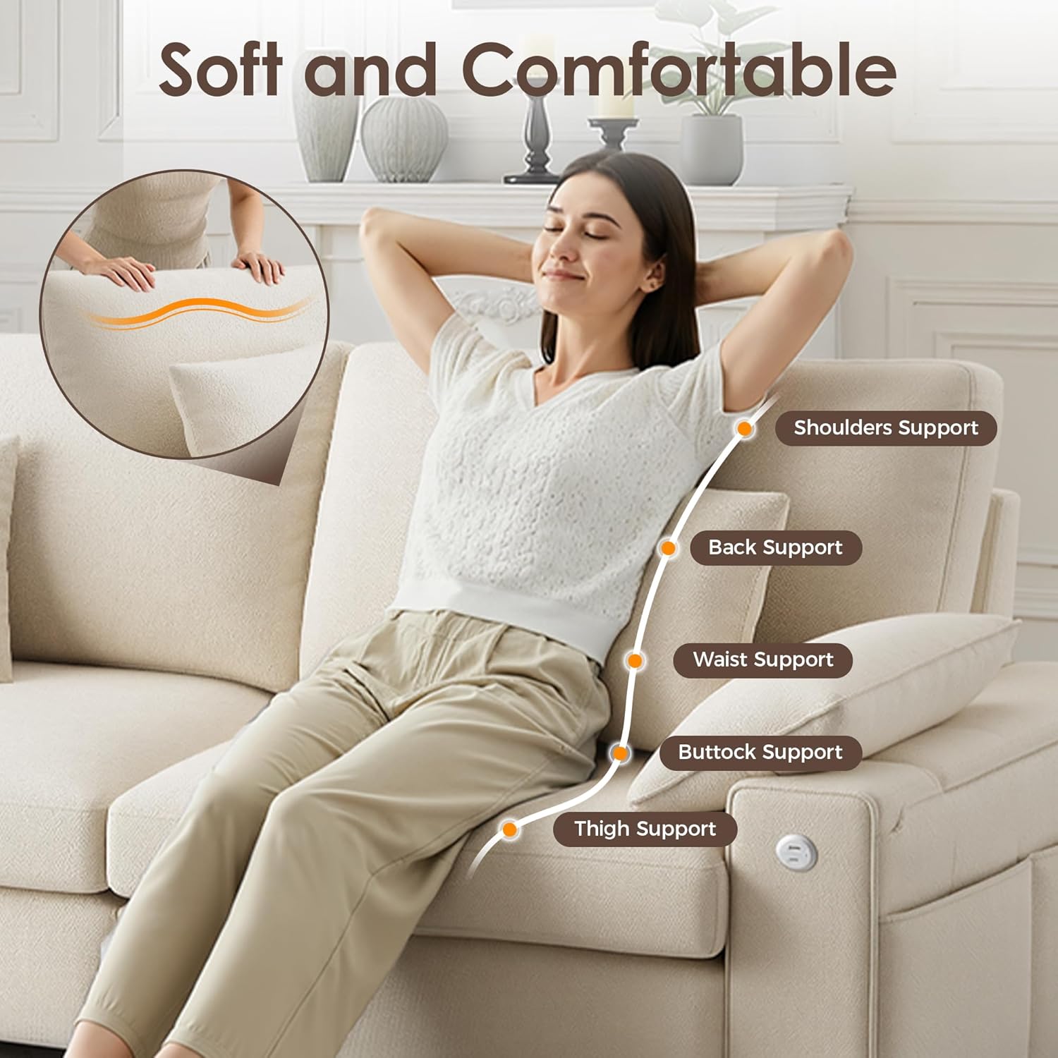 88.58" Modern Loveseat Couches for Living Room, Comfy Sofa with Deep Seat Couch, USB/Type-C Port, Side Storage, Removable Cover, Couches for Living Room Apartment, Beige - Image 8