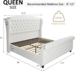 AMERLIFE Queen Size Platform Bed Frame, Chenille Upholstered Sleigh Bed with Scroll Wingback Headboard & Footboard/Button Tufted/No Box Spring Required/Cream - Image 3