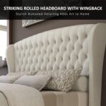 AMERLIFE Queen Size Platform Bed Frame, Chenille Upholstered Sleigh Bed with Scroll Wingback Headboard & Footboard/Button Tufted/No Box Spring Required/Cream - Image 6