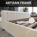 AMERLIFE Queen Size Platform Bed Frame, Chenille Upholstered Sleigh Bed with Scroll Wingback Headboard & Footboard/Button Tufted/No Box Spring Required/Cream - Image 9