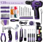 8V Cordless Drill Set, Built-in LED, Rechargeable Purple Power Drill with Drill & Screw Bits, 139-Piece Electric Drill Tool Set for Women & Men, Portable Tool Kit for Home Repairs, DIY Projects - Image 3