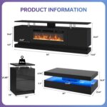 4-Piece Modern Living Room Table Set, Includes High Gloss 70" Fireplace TV Stand, 47" LED Coffee Table and 15" End Tables Set of 2 with Storage Drawers, Black - Image 4