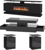 4-Piece Modern Living Room Table Set, Includes High Gloss 70" Fireplace TV Stand, 47" LED Coffee Table and 15" End Tables Set of 2 with Storage Drawers, Black - Image 5
