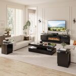 4-Piece Modern Living Room Table Set, Includes High Gloss 70" Fireplace TV Stand, 47" LED Coffee Table and 15" End Tables Set of 2 with Storage Drawers, Black - Image 6