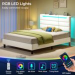 Rolanstar Twin Size Bed Frame, Storage Headboard with Charging Station and LED Lights, Upholstered Bed with Heavy Duty Wood Slats, No Box Spring Needed, Noise Free, Easy Assembly, White - Image 4