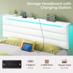 Rolanstar Twin Size Bed Frame, Storage Headboard with Charging Station and LED Lights, Upholstered Bed with Heavy Duty Wood Slats, No Box Spring Needed, Noise Free, Easy Assembly, White - Image 5