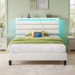 Rolanstar Twin Size Bed Frame, Storage Headboard with Charging Station and LED Lights, Upholstered Bed with Heavy Duty Wood Slats, No Box Spring Needed, Noise Free, Easy Assembly, White - Image 9